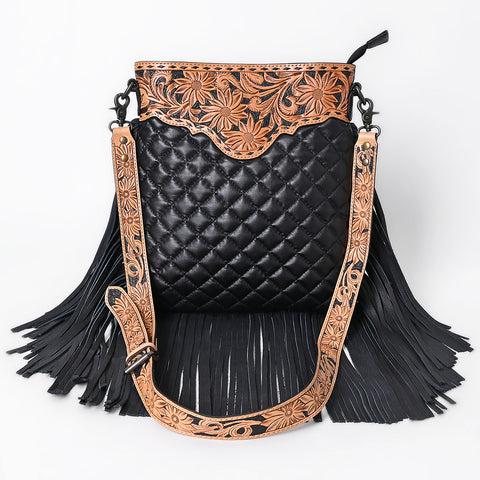 American Darling Black Large Quilted Crossbody | Hand-Tooled Leather Fringe Bag