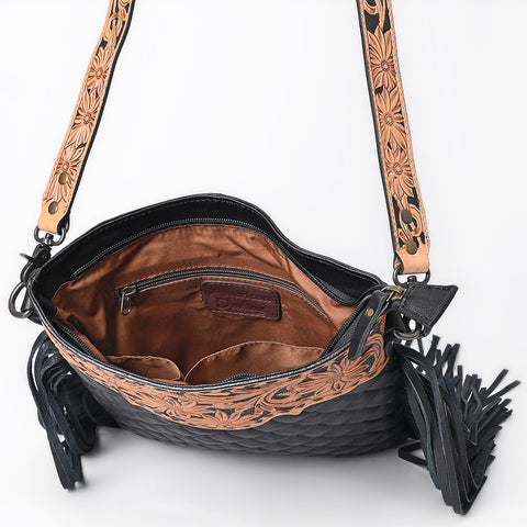 American Darling Black Large Quilted Crossbody | Hand-Tooled Leather Fringe Bag