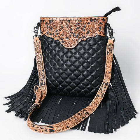 American Darling Black Large Quilted Crossbody | Hand-Tooled Leather Fringe Bag