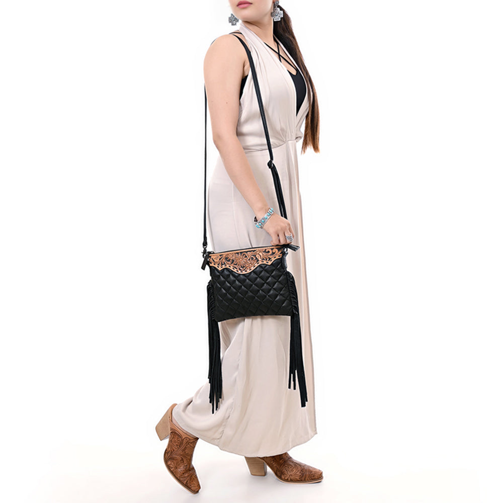 ADBG1683 Black Quilted Leather Fringe Crossbody with Tooled Floral Top - American Darling