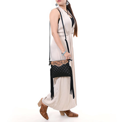 American Darling Quilted Leather Crossbody Black | Tooled Flap Fringe Purse