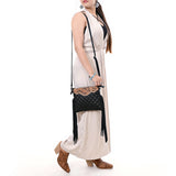 ADBG1683 Black Quilted Leather Fringe Crossbody with Tooled Floral Top - American Darling