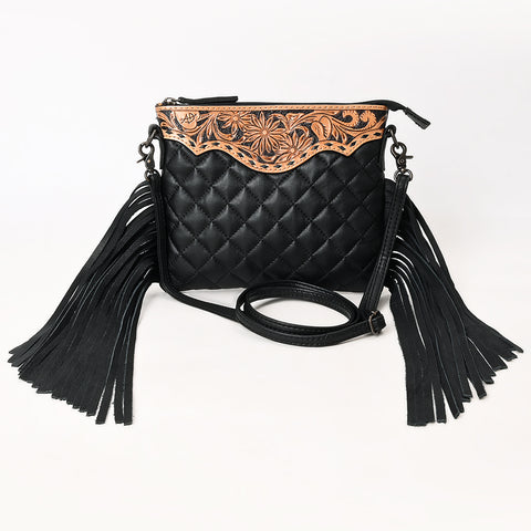 American Darling Quilted Leather Crossbody Black | Tooled Flap Fringe Purse