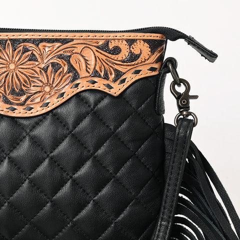 American Darling Quilted Leather Crossbody Black | Tooled Flap Fringe Purse