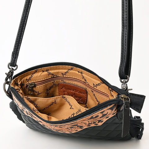 American Darling Quilted Leather Crossbody Black | Tooled Flap Fringe Purse