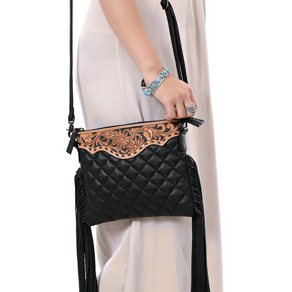 ADBG1683 Black Quilted Leather Fringe Crossbody with Tooled Floral Top - American Darling