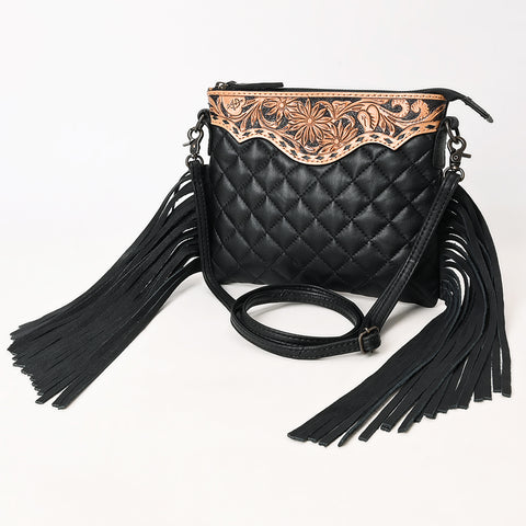 American Darling Quilted Leather Crossbody Black | Tooled Flap Fringe Purse