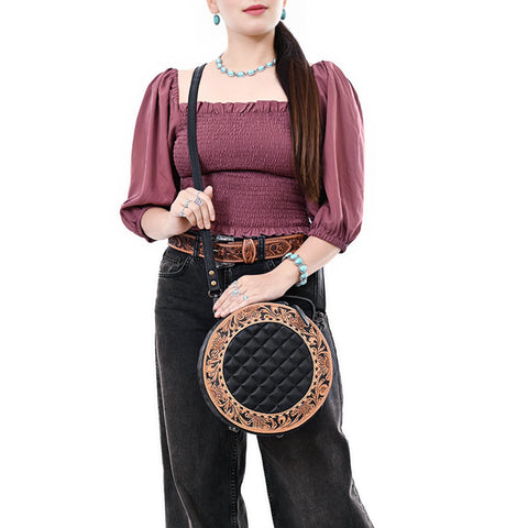 American Darling Black Quilted Leather Canteen Bag | Hand-Tooled Floral Crossbody