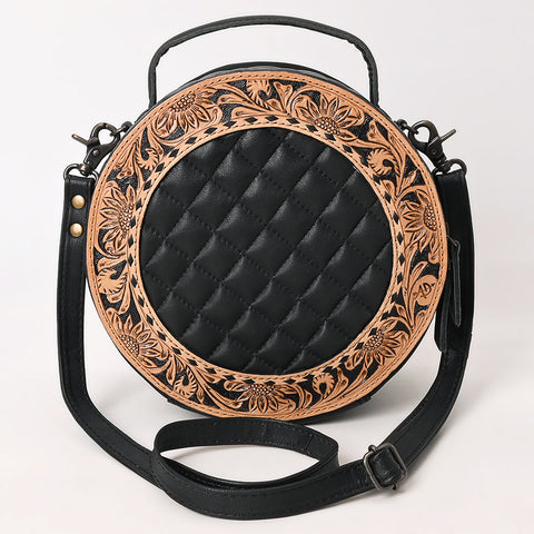 American Darling Black Quilted Leather Canteen Bag | Hand-Tooled Floral Crossbody