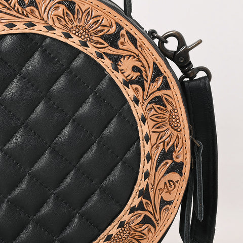 American Darling Black Quilted Leather Canteen Bag | Hand-Tooled Floral Crossbody