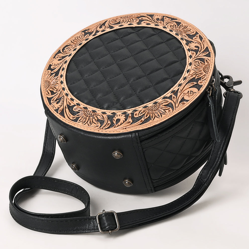 ADBG1684 Round Black Quilted Leather Canteen Bag with Floral Tooled Border - American Darling