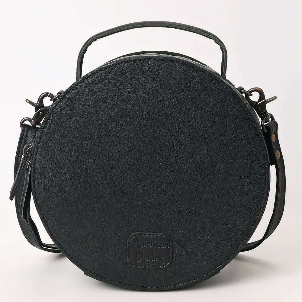 ADBG1684 Round Black Quilted Leather Canteen Bag with Floral Tooled Border - American Darling