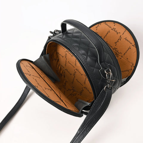 American Darling Black Quilted Leather Canteen Bag | Hand-Tooled Floral Crossbody