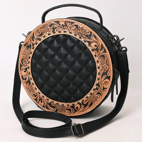 American Darling Black Quilted Leather Canteen Bag | Hand-Tooled Floral Crossbody