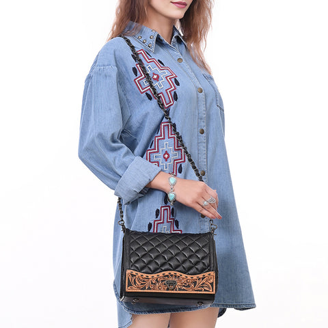 American Darling Quilted Leather Crossbody | Hand-Tooled Floral Accent Purse