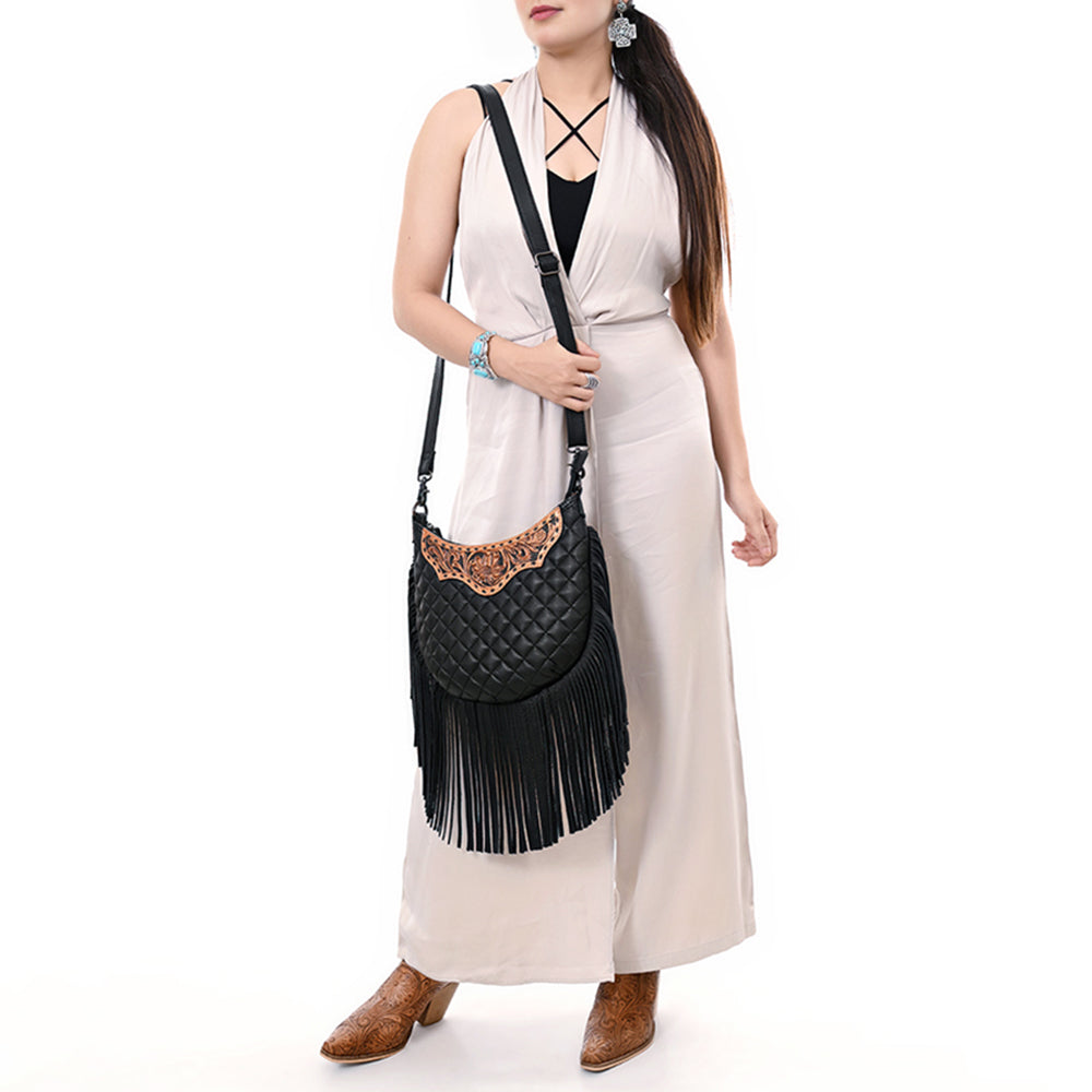 ADBG1686 Black Quilted Leather Fringe Messenger Bag with Tooled Floral Yoke - American Darling