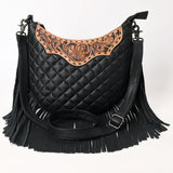ADBG1686 Black Quilted Leather Fringe Messenger Bag with Tooled Floral Yoke - American Darling