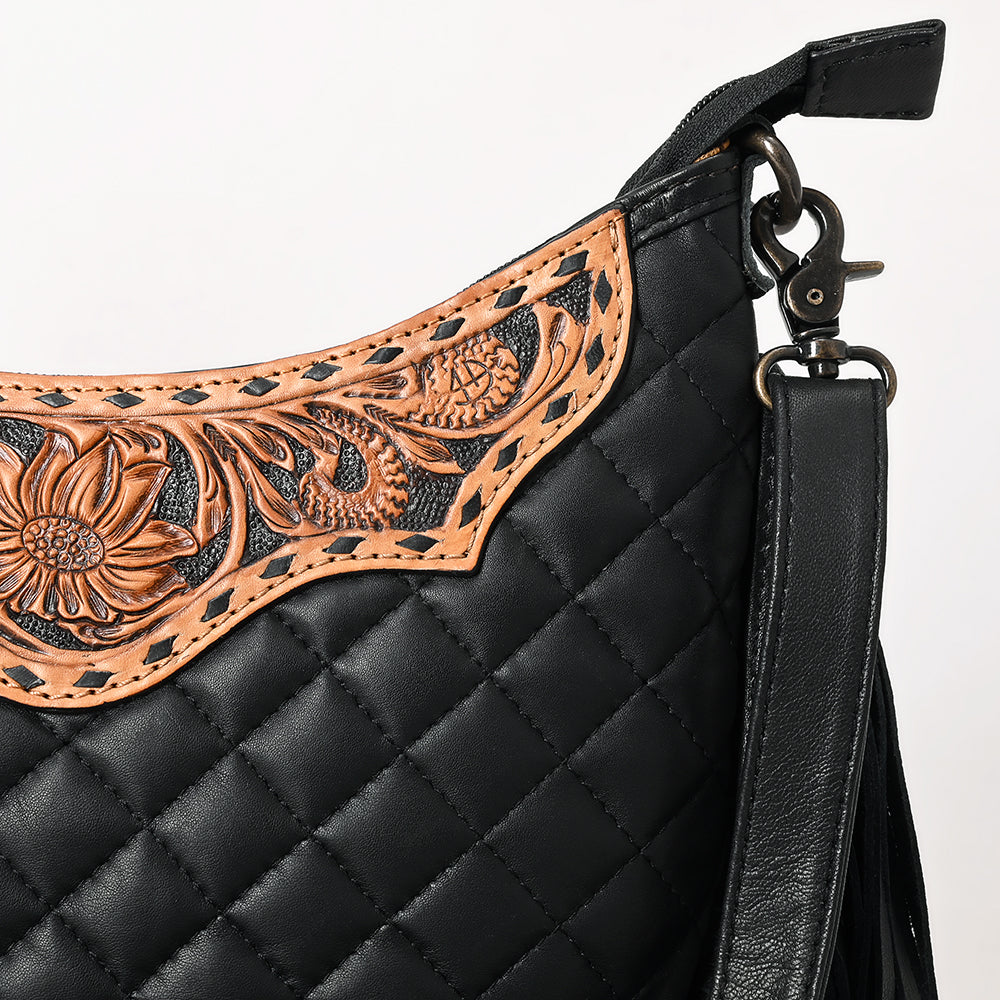 ADBG1686 Black Quilted Leather Fringe Messenger Bag with Tooled Floral Yoke - American Darling