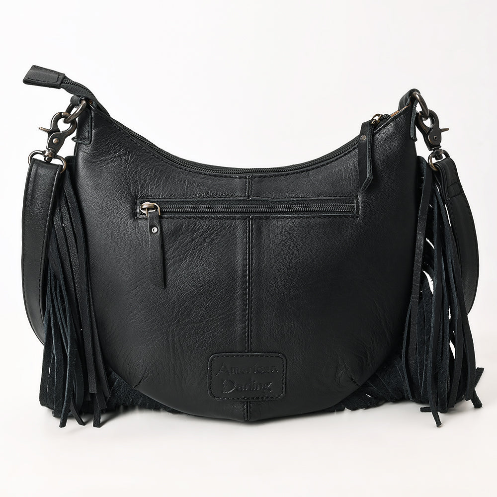 ADBG1686 Black Quilted Leather Fringe Messenger Bag with Tooled Floral Yoke - American Darling