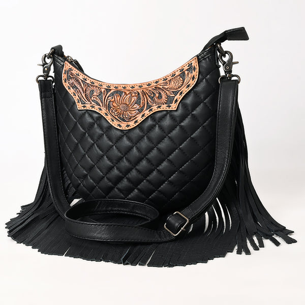 ADBG1686 Black Quilted Leather Fringe Messenger Bag with Tooled Floral Yoke - American Darling