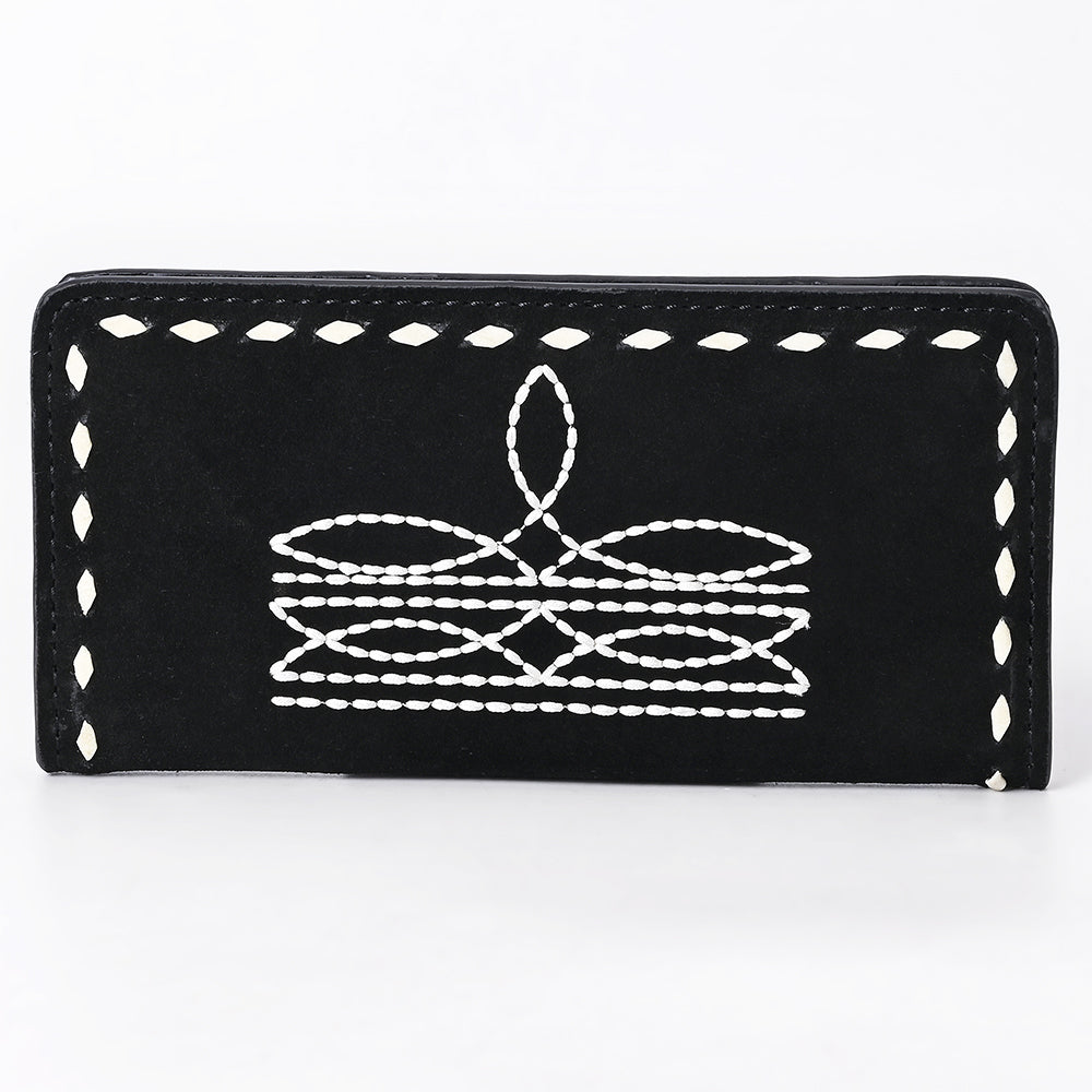 ADBG1687A Black Suede Leather Wallet with White Whipstitch Embroidery - Western Style