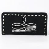ADBG1687A Black Suede Leather Wallet with White Whipstitch Embroidery - Western Style