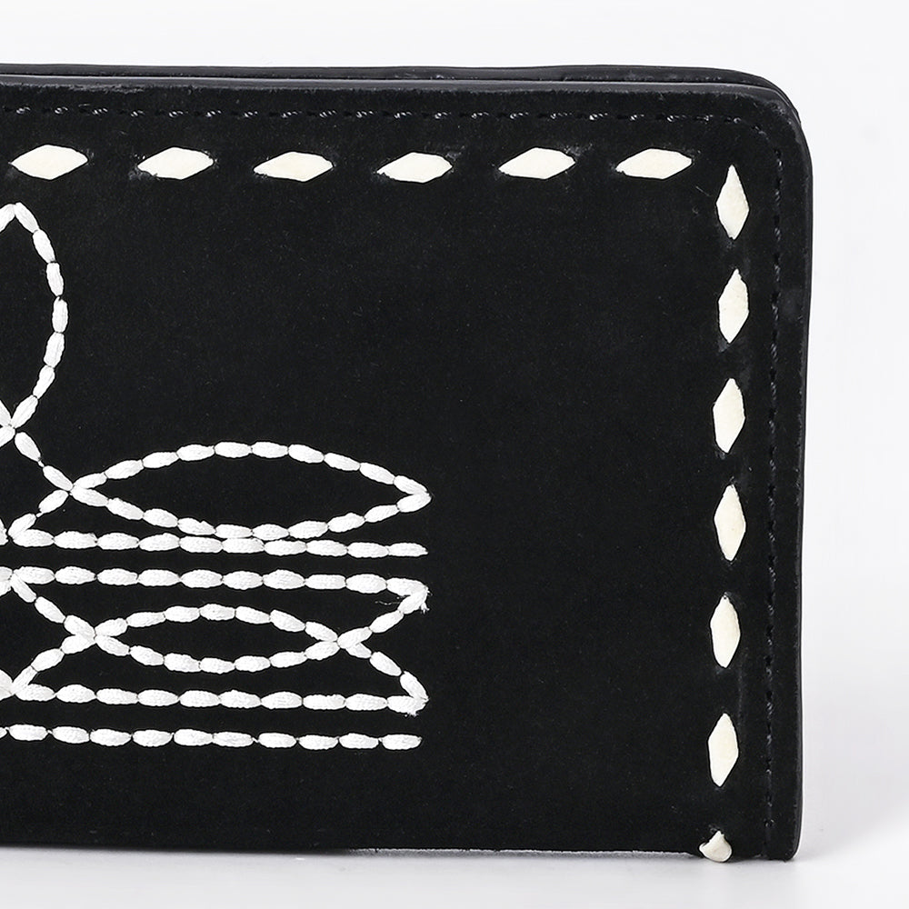 ADBG1687A Black Suede Leather Wallet with White Whipstitch Embroidery - Western Style