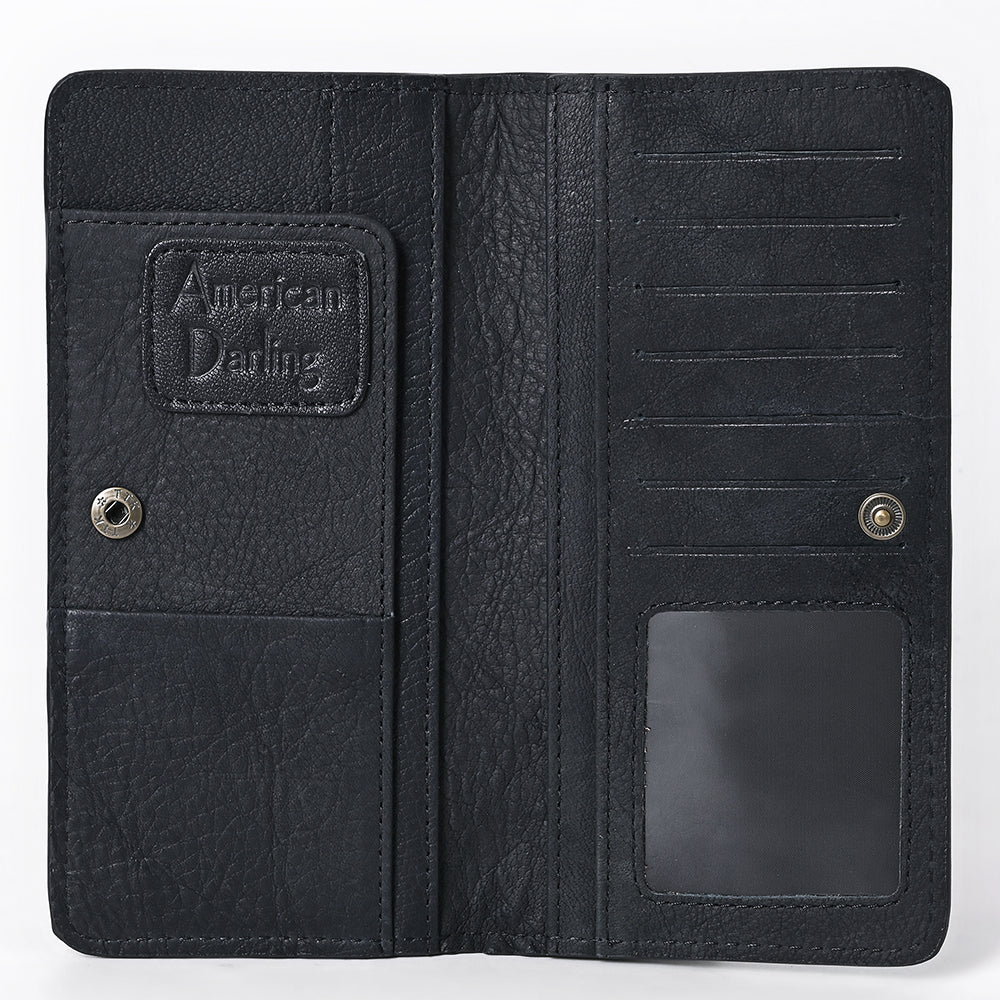 ADBG1687A Black Suede Leather Wallet with White Whipstitch Embroidery - Western Style
