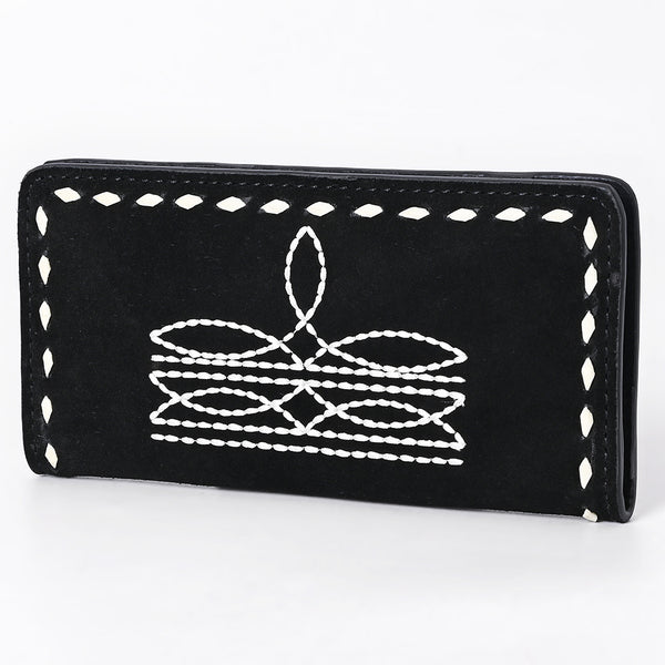 ADBG1687A Black Suede Leather Wallet with White Whipstitch Embroidery - Western Style