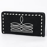 ADBG1687A Black Suede Leather Wallet with White Whipstitch Embroidery - Western Style