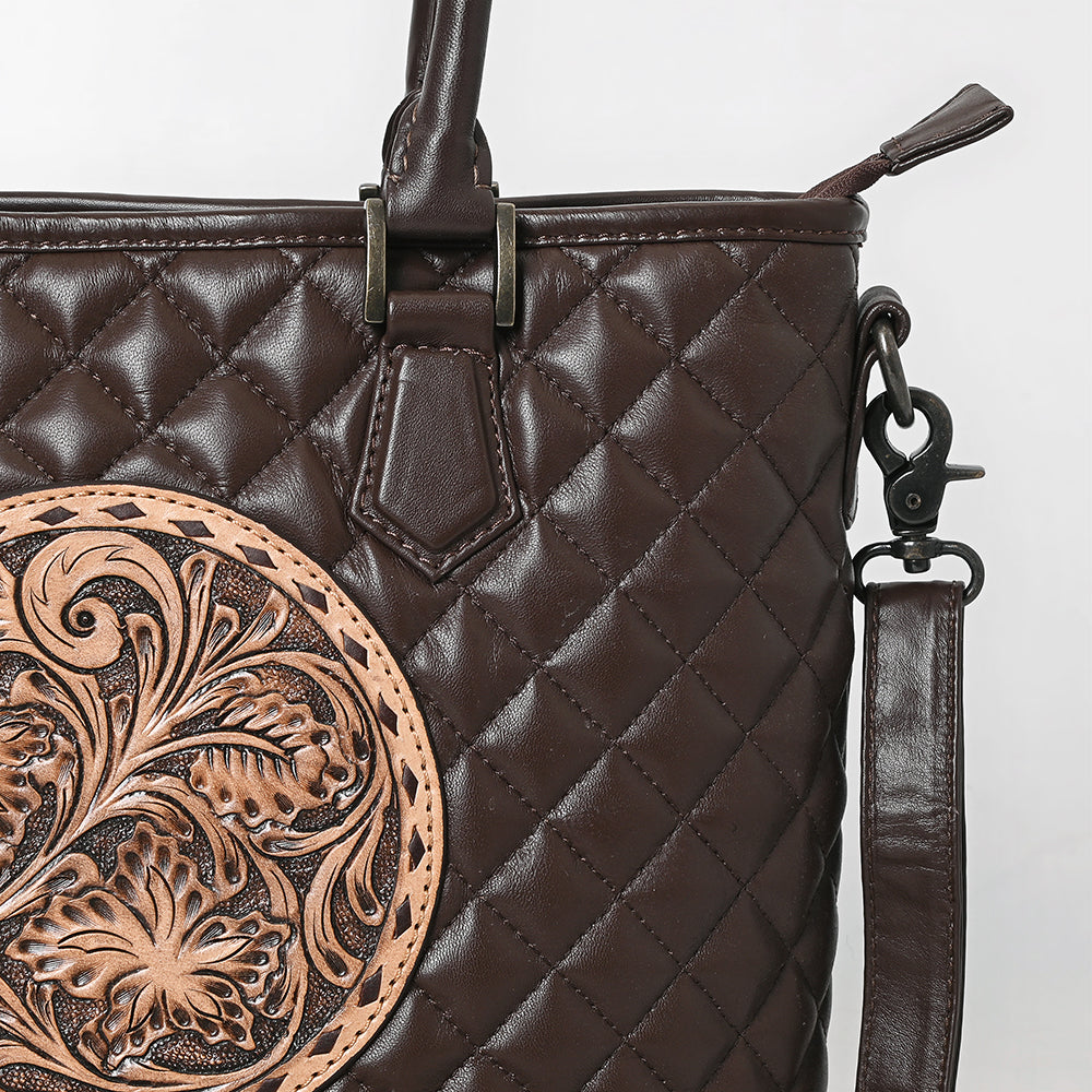ADBG1689 Dark Brown Quilted Leather Tote Bag with Tooled Round Floral Medallion - American Darling