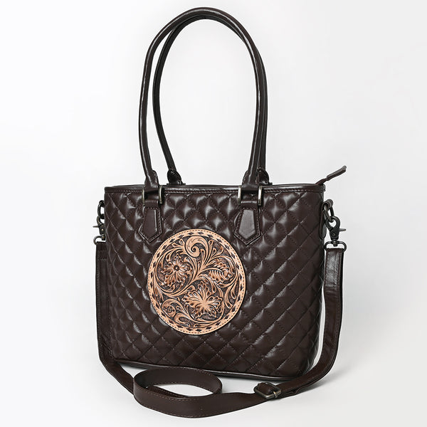 ADBG1689 Dark Brown Quilted Leather Tote Bag with Tooled Round Floral Medallion - American Darling