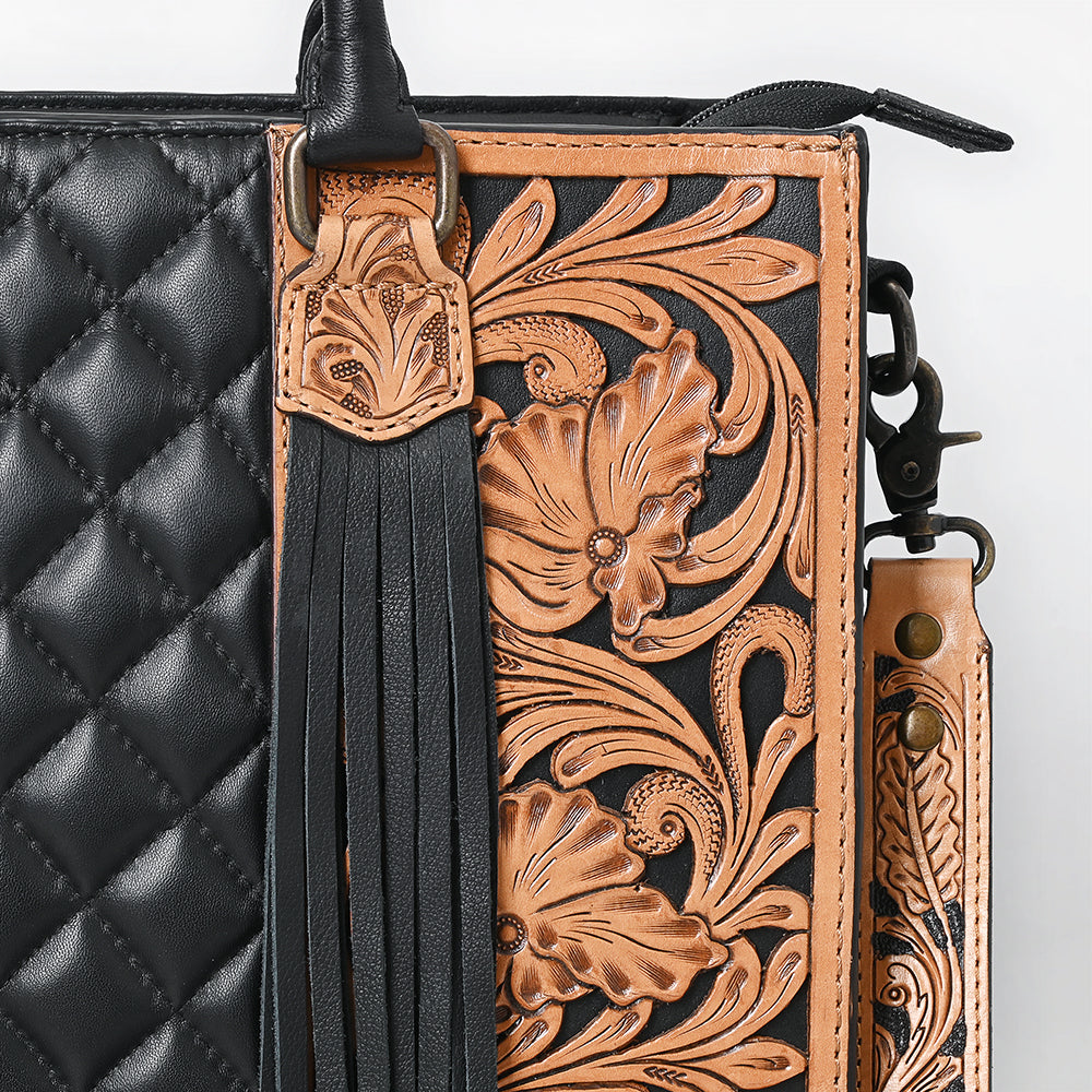 ADBG1690 Black Quilted Leather Tote with Fringe and Floral Tooled Accents - American Darling