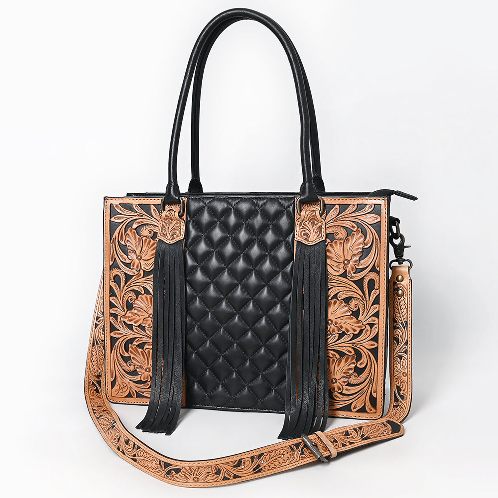 ADBG1690 Black Quilted Leather Tote with Fringe and Floral Tooled Accents - American Darling