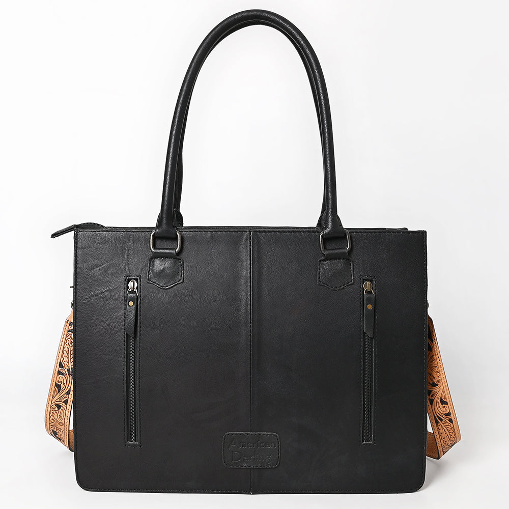 ADBG1690 Black Quilted Leather Tote with Fringe and Floral Tooled Accents - American Darling