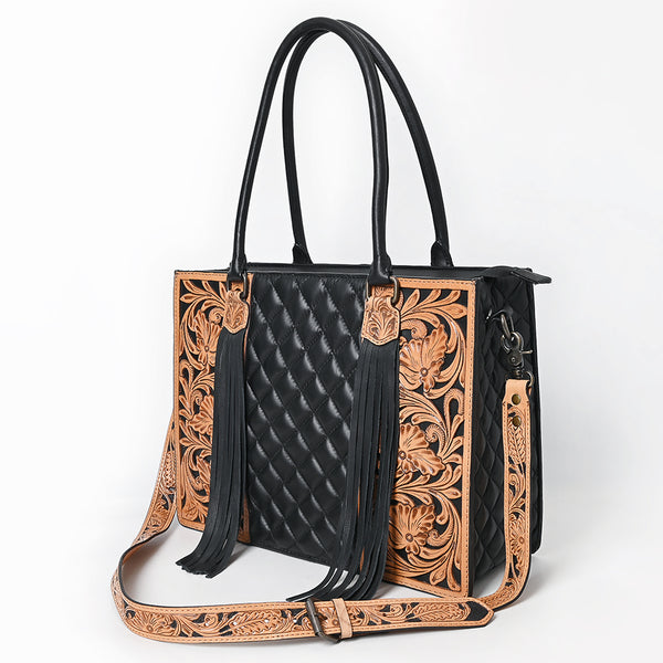 ADBG1690 Black Quilted Leather Tote with Fringe and Floral Tooled Accents - American Darling