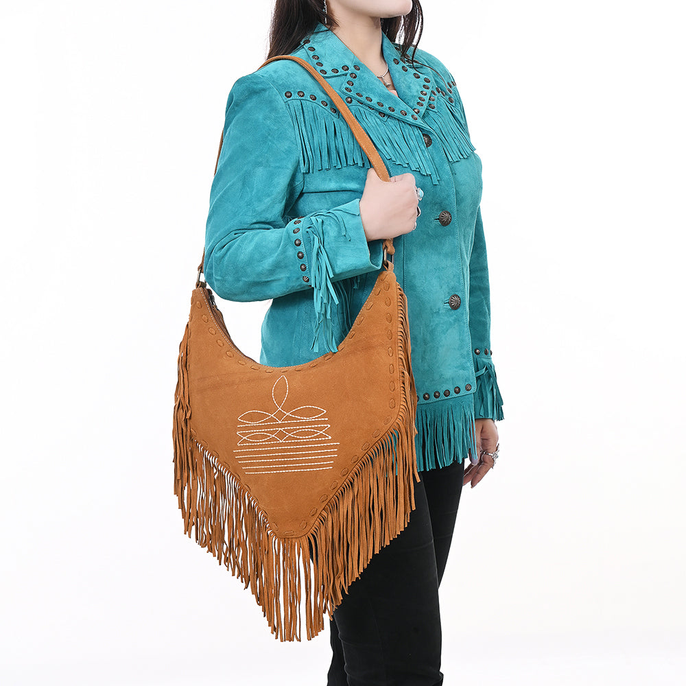 ADBGA733 V-Cut Genuine suede Fringe Crossbody Bag - Western Embroidered Hobo Purse