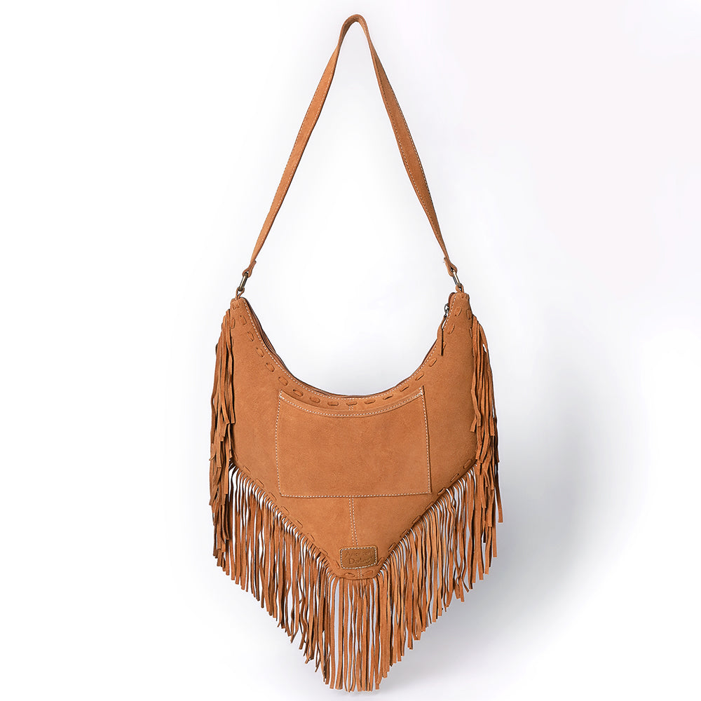 ADBGA733 V-Cut Genuine suede Fringe Crossbody Bag - Western Embroidered Hobo Purse