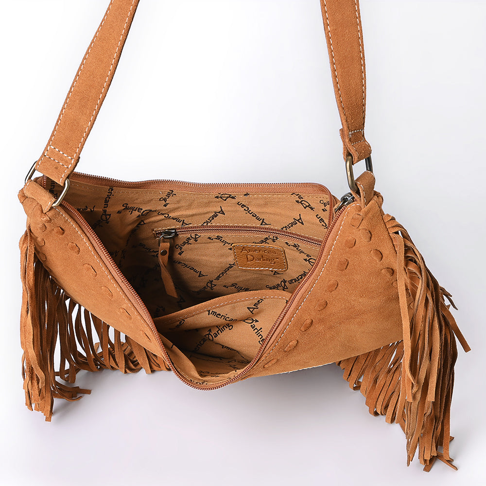ADBGA733 V-Cut Genuine suede Fringe Crossbody Bag - Western Embroidered Hobo Purse