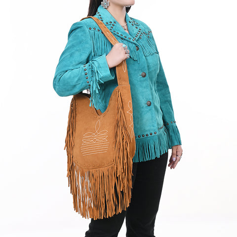 American Darling Fringe Boot Stitched Genuine Leather Large Cross body Bag