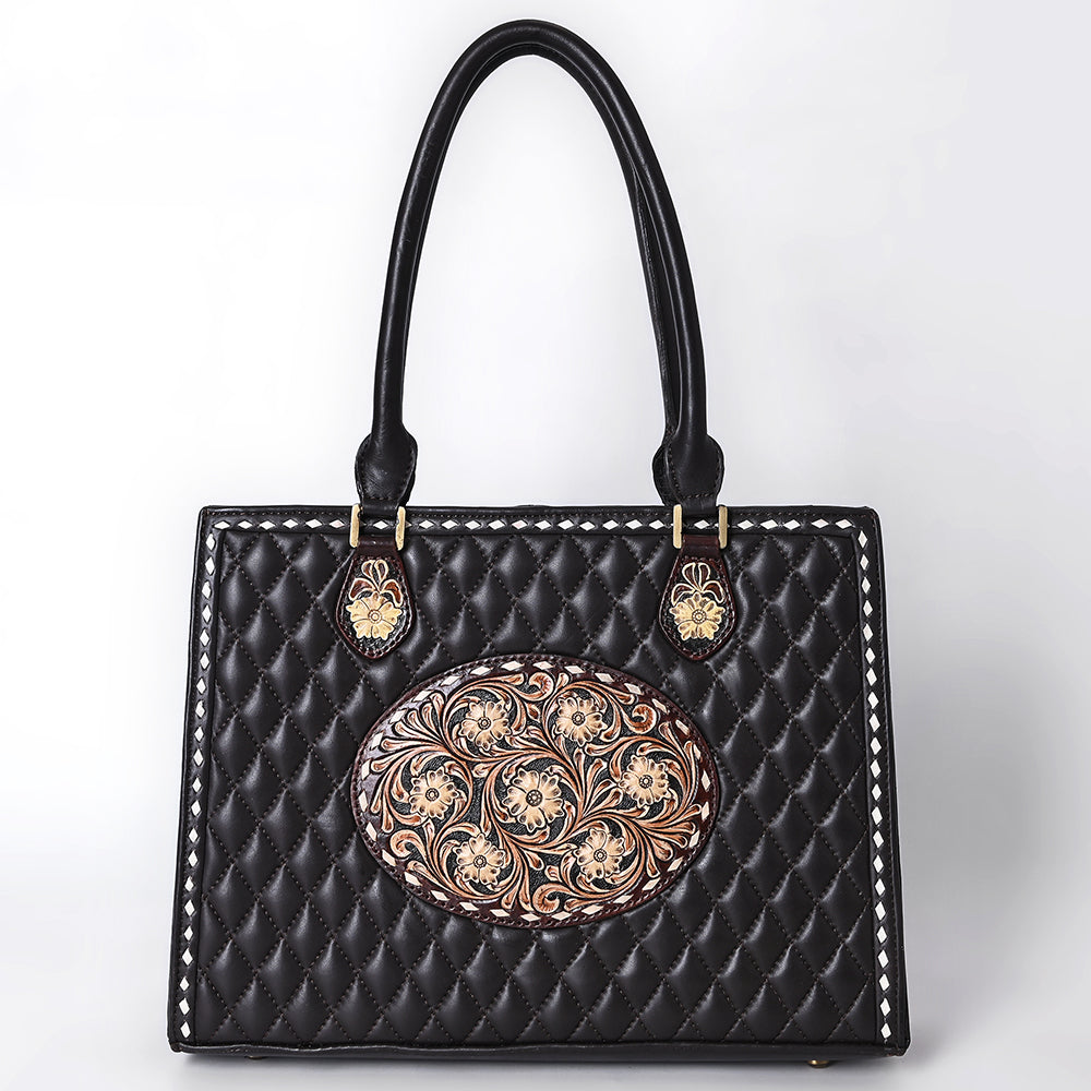 ADBGA735 Black Quilted Western Leather Tote Bag - Tooled Floral Medallion & Double Handles