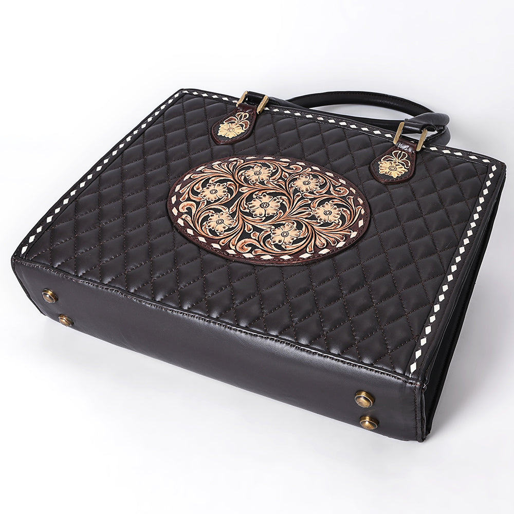 ADBGA735 Black Quilted Western Leather Tote Bag - Tooled Floral Medallion & Double Handles