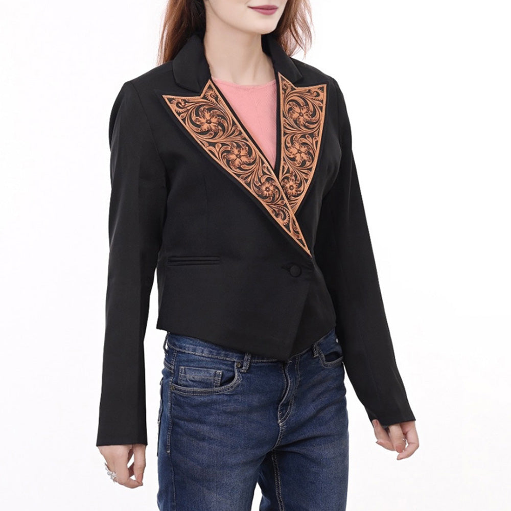 ADBZ060 Cropped Black Cowgirl Blazer with Triangle Tooled Leather Lapel - Western Statement Jacket