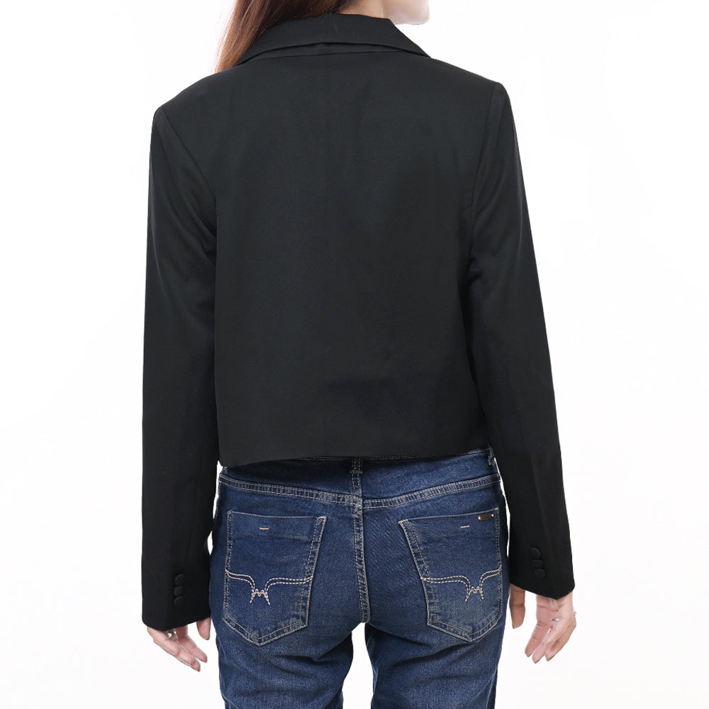 ADBZ060 Cropped Black Cowgirl Blazer with Triangle Tooled Leather Lapel - Western Statement Jacket