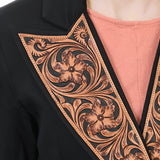ADBZ060 Cropped Black Cowgirl Blazer with Triangle Tooled Leather Lapel - Western Statement Jacket