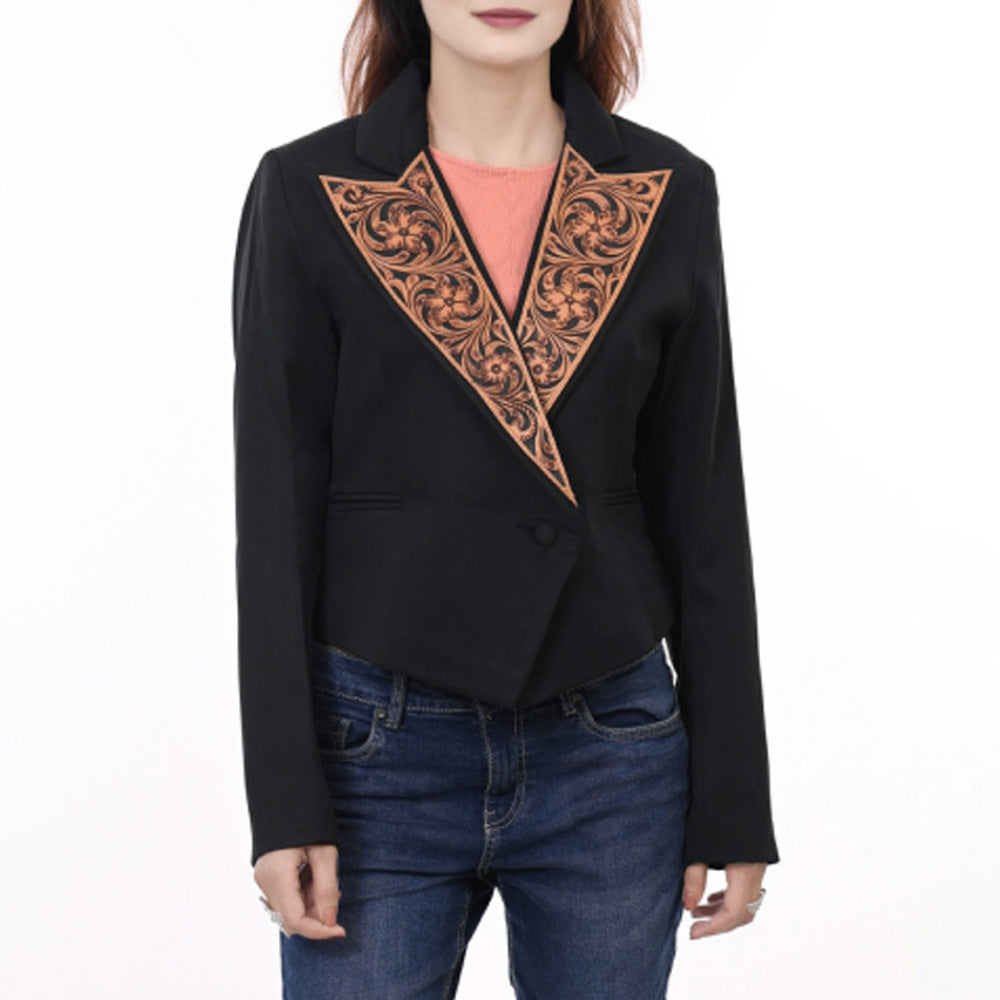 ADBZ060 Cropped Black Cowgirl Blazer with Triangle Tooled Leather Lapel - Western Statement Jacket