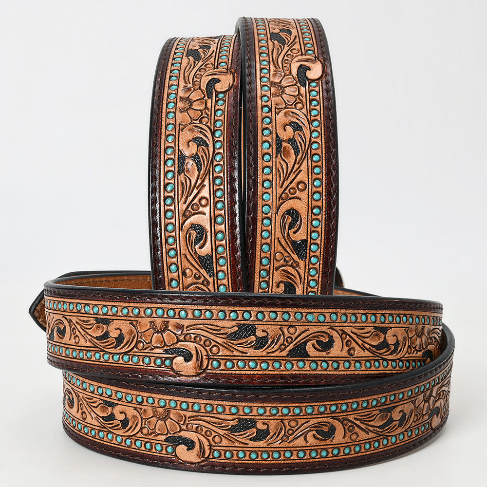 ADBLF110 Tooled Leather Western Belt - Floral Scroll with Turquoise Stud Accents