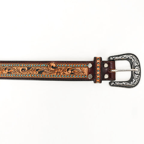 ADBLF110 Tooled Leather Western Belt - Floral Scroll with Turquoise Stud Accents