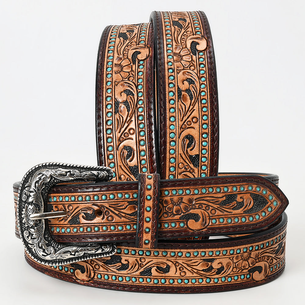ADBLF110 Tooled Leather Western Belt - Floral Scroll with Turquoise Stud Accents