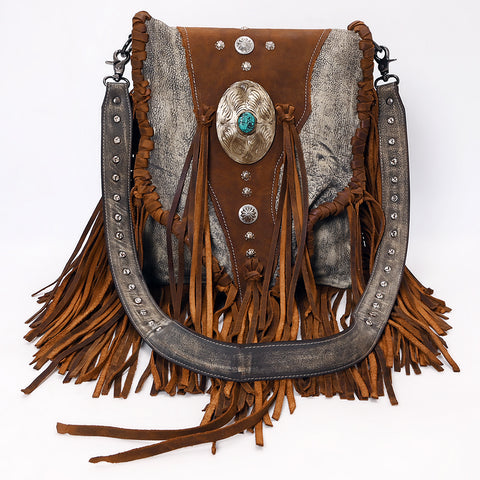 ADBGM555 Western Leather Fringe Messenger Bag - Cowhide Purse with Turquoise Concho & Studded Strap